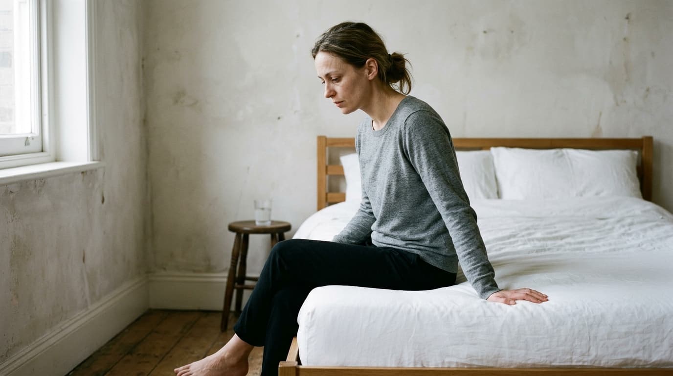 A woman in her thirties in a plain grey long-sleeved top and dark trousers sitting on the edge of a bed with white linen in a bare room with a worn plaster wall, one hand resting on the mattress, looking down with a tired expression beside a window in soft daylight