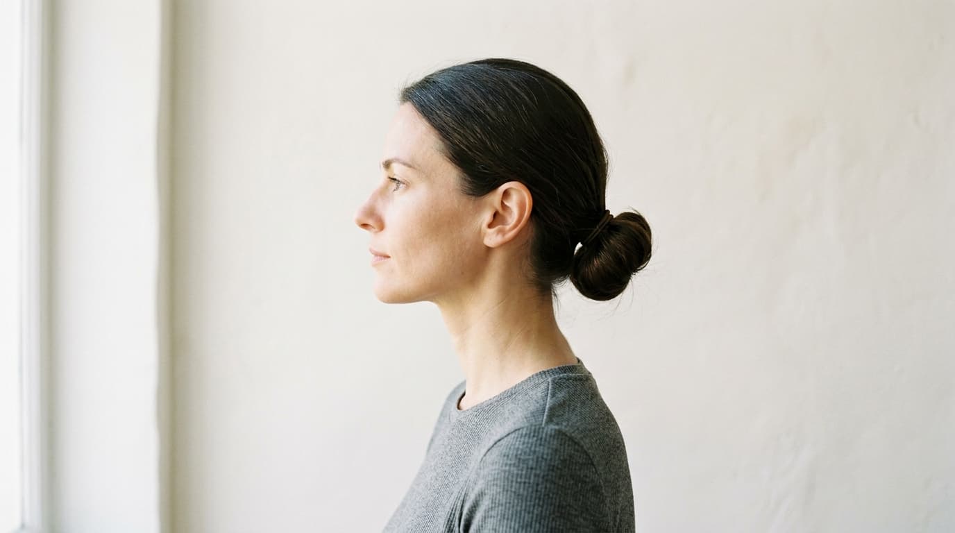 Side profile portrait of a woman with dark hair in a low bun, chin and jawline in soft window light, plain grey knit top, bare warm white wall, no text or logos