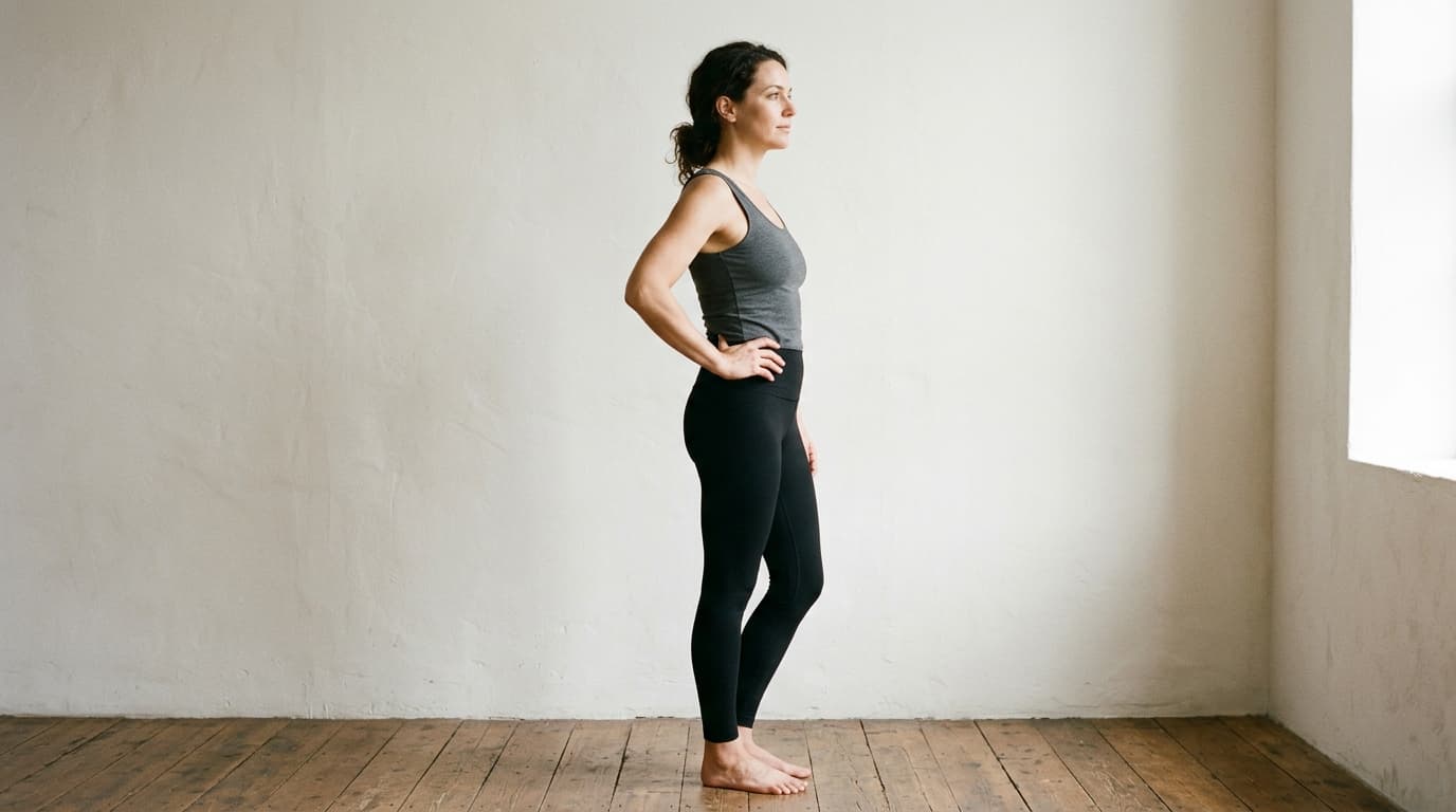 Side profile of a woman with dark hair pulled back, standing barefoot in a bare warm white room with wooden floorboards, wearing a plain grey tank top and black high-waisted leggings, one hand on her hip, soft window light, no text or logos