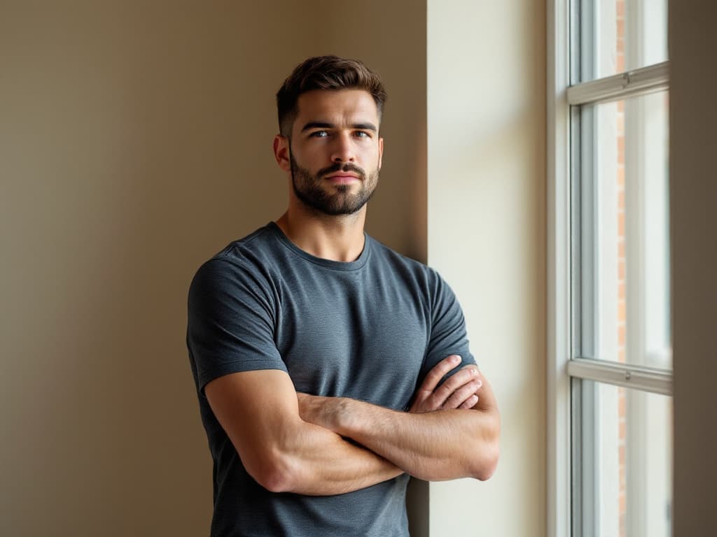 Editorial portrait of a fit bearded man in his thirties in a plain charcoal t-shirt standing with arms crossed beside a tall window in a bare room with a warm beige wall, soft natural side light, no visible text