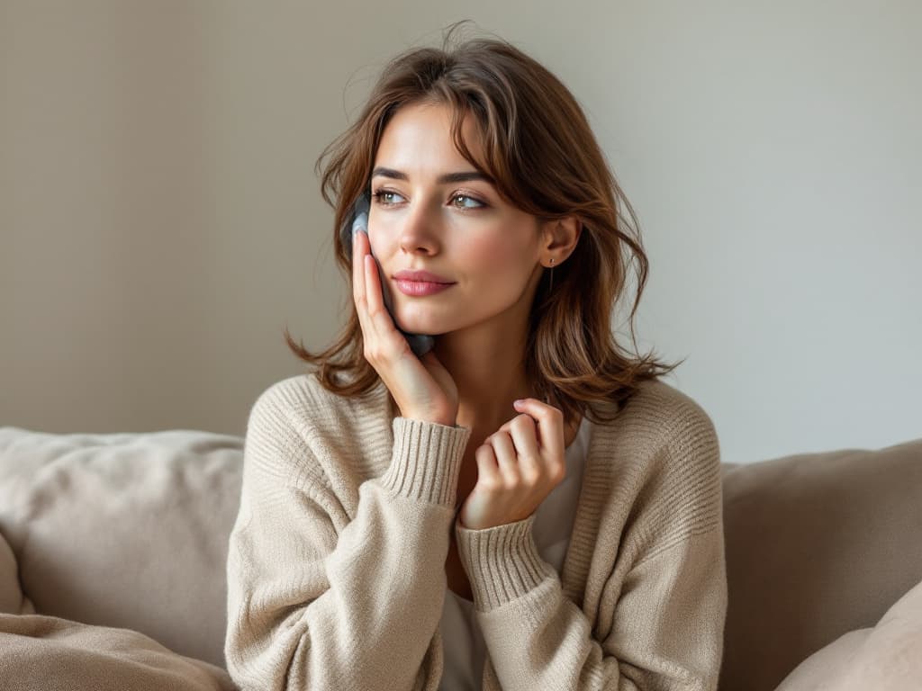 Editorial portrait of a woman in her late thirties with shoulder-length brown hair in an oatmeal knit cardigan seated on a linen sofa, holding a small plain grey cold pack against her cheek, soft natural light against a warm white wall, no visible text