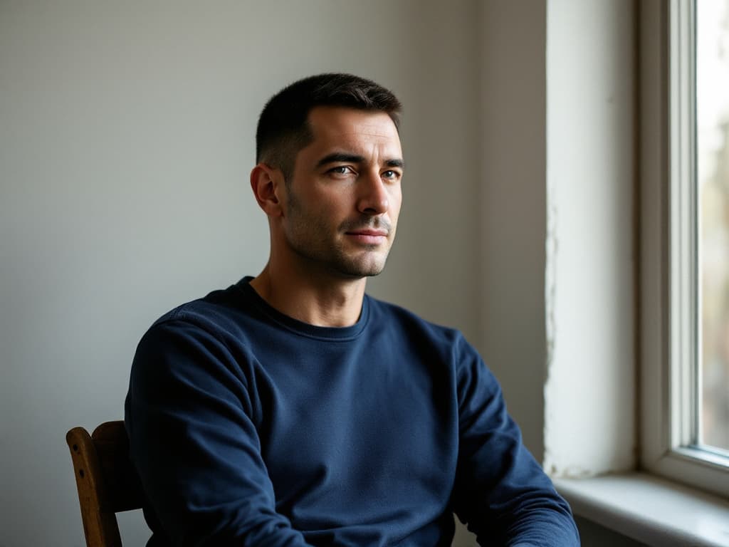 Editorial portrait of a man in his forties with close-cropped dark hair in a plain navy crewneck sweater seated beside a tall window in a bare room with a warm white wall, soft natural side light, no visible text