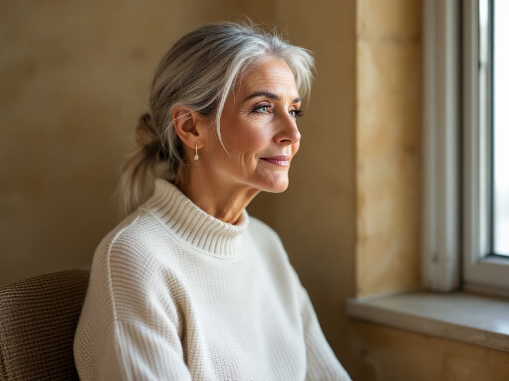 Editorial portrait of a silver-haired woman in her sixties in a cream turtleneck sweater, seated in three-quarter profile beside a tall window in a bare room with a warm stone-colored wall, soft natural side light on her face and jawline