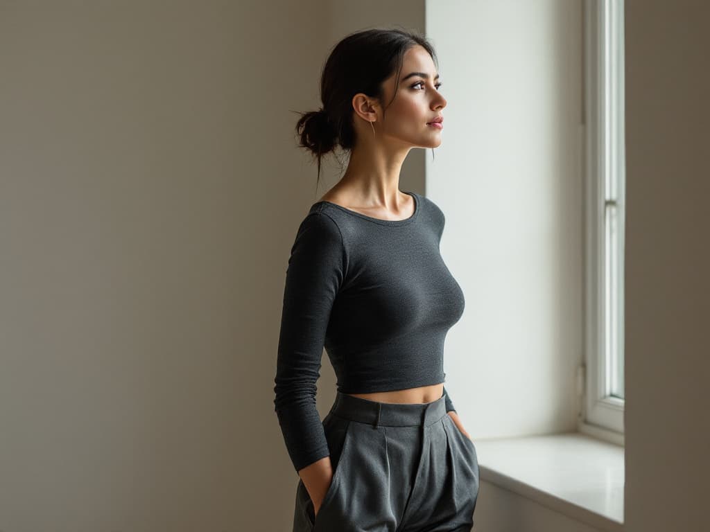 Editorial portrait of a woman in her early thirties with dark hair in a low bun, wearing a charcoal fitted long-sleeve top and high-waisted grey trousers, standing in profile beside a window in a bare warm-white room, soft natural side light, no visible text