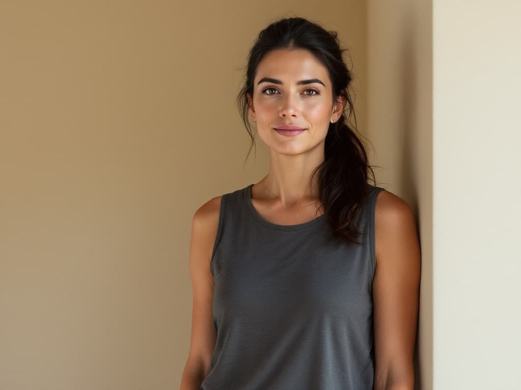 Editorial portrait of a woman with dark hair in a loose ponytail, wearing a plain sleeveless charcoal top, standing against a warm beige wall in soft side light