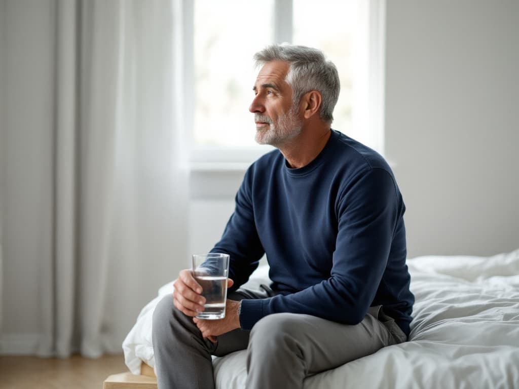 Editorial portrait of a gray-haired man with a short beard, wearing a navy crewneck sweater and gray trousers, seated on the edge of a white bed holding a clear glass of water and looking toward a bright window in soft natural light