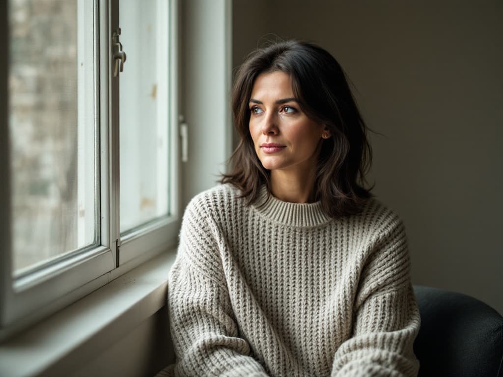 Editorial portrait of a woman with shoulder-length dark hair wearing a loose cream chunky-knit sweater, seated beside a window in a softly lit room, looking thoughtfully away from the camera