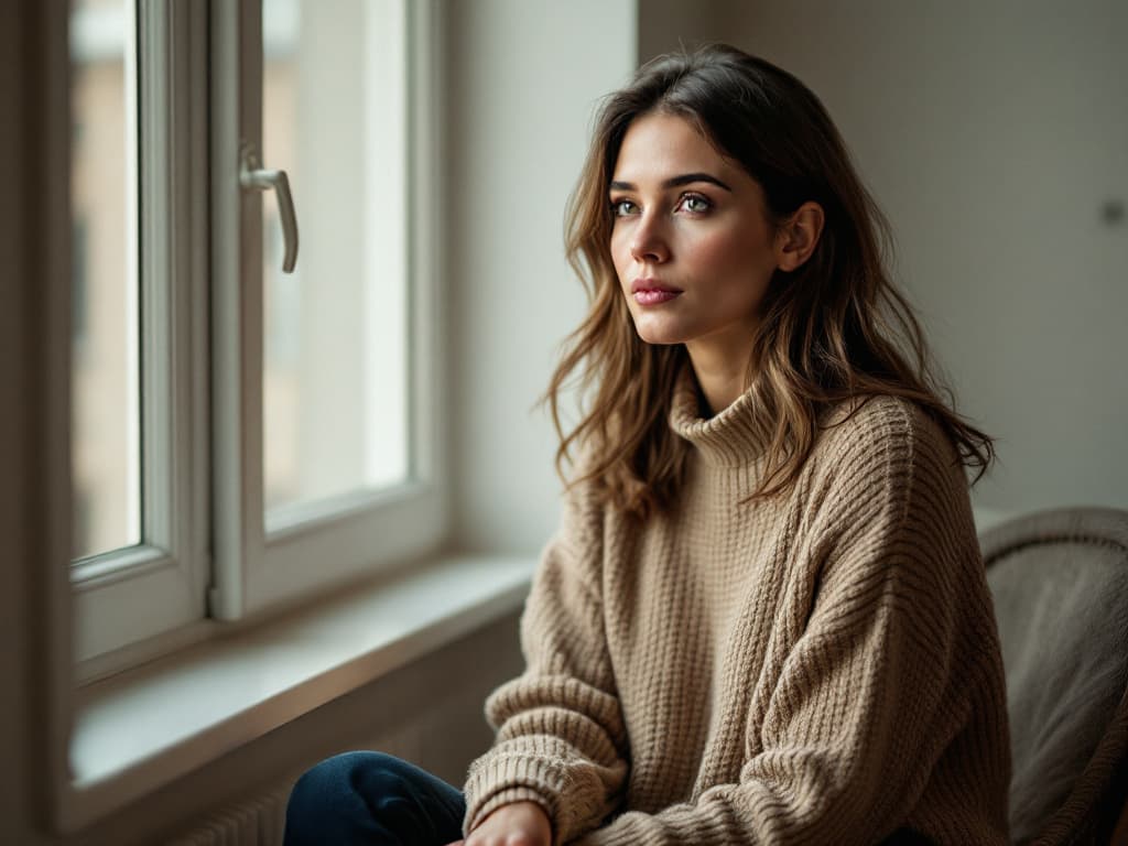 Editorial photograph of a young woman with long wavy brown hair in an oversized oatmeal knit turtleneck sweater, seated beside a tall window in a pale, softly lit room and gazing thoughtfully toward the light