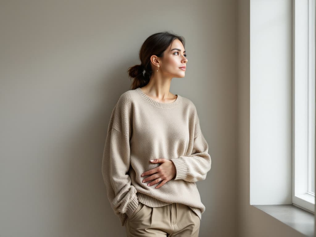 A woman with her dark hair tied back, wearing a loose oatmeal knit sweater and beige trousers, leaning against a bare wall beside a tall window with one hand resting on her midsection, looking out into soft daylight