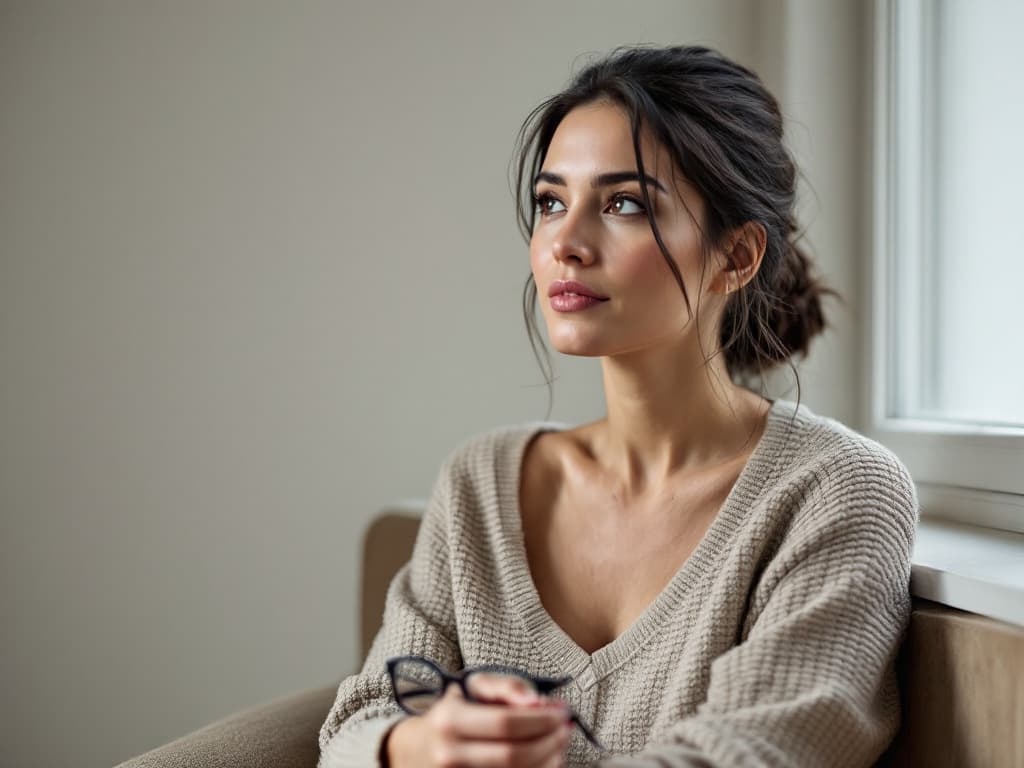 A woman around thirty with dark hair in a loose low bun, wearing an oatmeal V-neck knit sweater, seated on a pale armchair beside a window in soft daylight, holding a pair of dark-framed eyeglasses and gazing toward the light