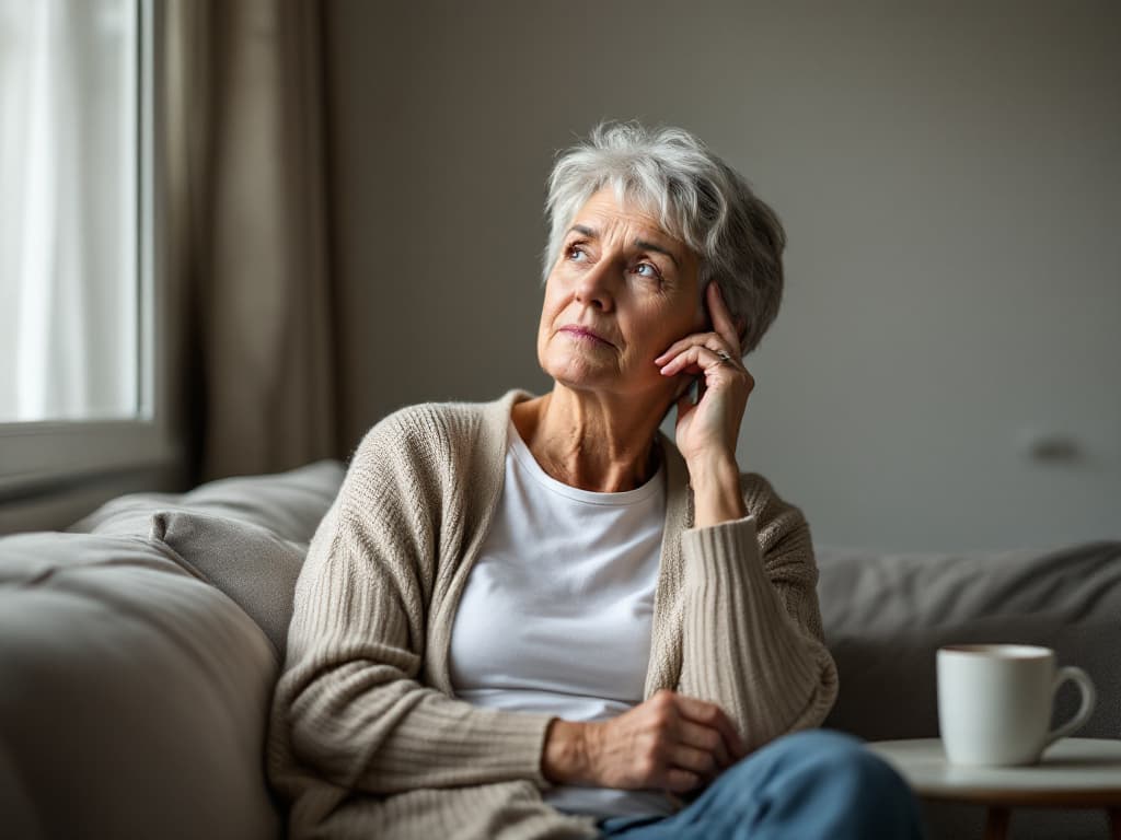 A woman in her sixties with short grey hair in an oatmeal knit cardigan over a white t-shirt, seated on a sofa in a softly lit living room, one hand raised to her temple, gazing toward a window with a thoughtful, tired expression, a white mug on a side table beside her