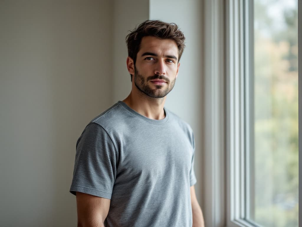 Editorial portrait of a man in his early thirties with short tousled dark hair and a trimmed beard, wearing a plain heather grey crew-neck t-shirt, standing beside a tall window in a bare pale room in soft daylight