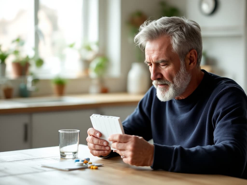 A man in his sixties with grey hair and a white beard in a navy crewneck sweater, seated at a wooden kitchen table in a bright kitchen with potted plants on the windowsill, holding a plain white weekly pill organizer and studying it carefully, a glass of water and a few loose tablets on the table beside him