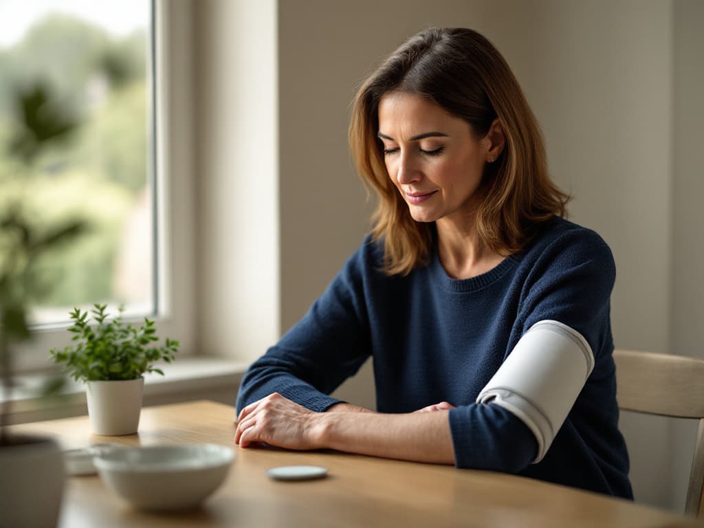 A woman in her forties with shoulder-length brown hair in a navy crewneck sweater, seated at a light wooden table beside a bright window with a small potted plant on the sill, eyes lowered and calm, a plain white blood pressure cuff wrapped around her upper arm