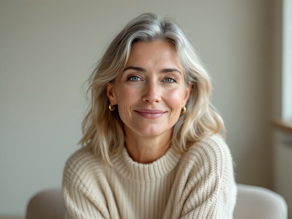 A woman in her fifties with shoulder-length silver-blonde hair and small gold hoop earrings, facing the camera with a soft closed-mouth smile that shows gentle smile lines beside her nose and mouth, wearing a chunky cream crewneck sweater in a bare room with a pale wall and soft window light to one side
