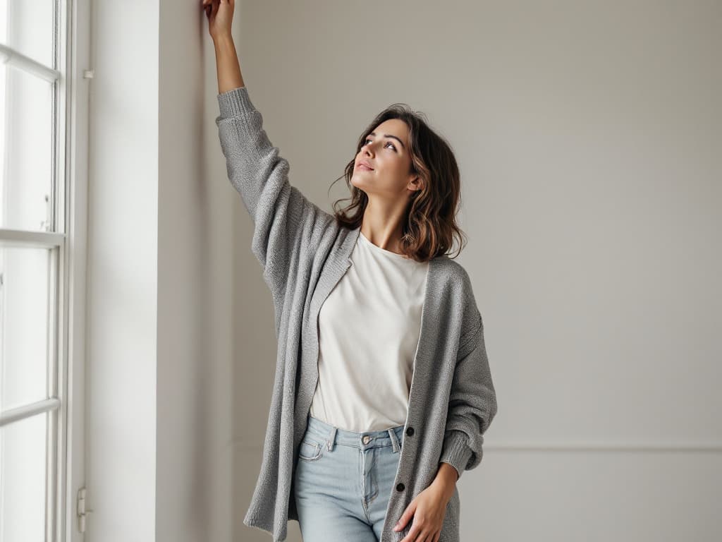 Editorial portrait of a woman with shoulder-length wavy brown hair, wearing an open grey knit cardigan over a white tee and light jeans, reaching one arm high up a pale wall beside a tall window and looking upward
