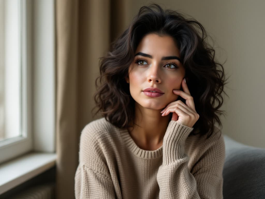 A woman around thirty with dark wavy shoulder-length hair, wearing an oatmeal knit sweater, seated beside a softly lit window with her fingertips resting along the side of her jaw and cheek, looking thoughtfully off to the side