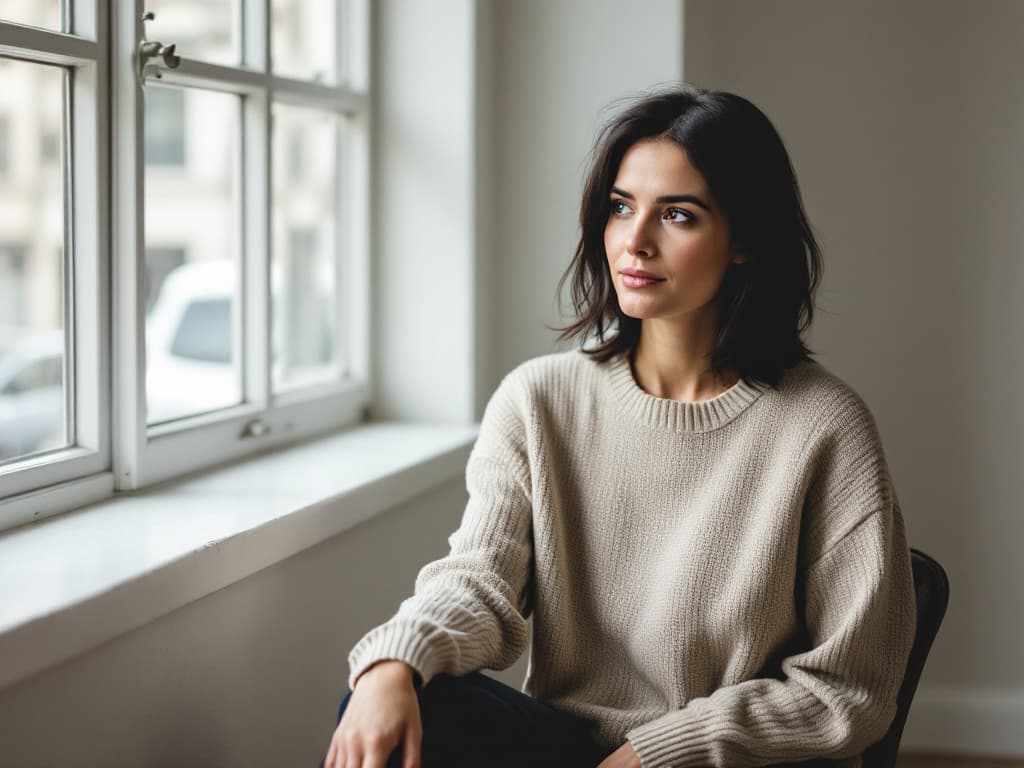 A woman around thirty with shoulder-length dark hair in a loose oatmeal knit sweater, seated on a dark chair beside a tall white-framed window in a bare, softly lit room, one hand resting on her knee, gazing thoughtfully toward the window