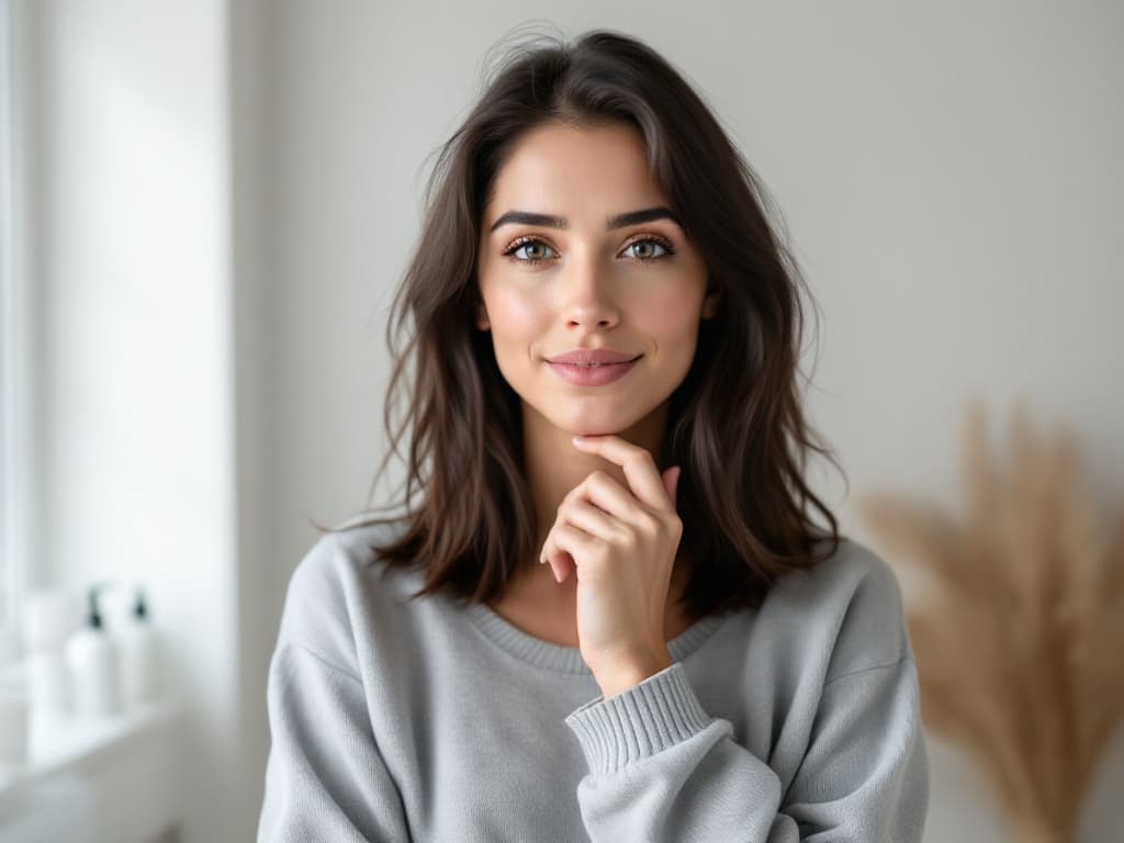A woman in her late twenties with dark shoulder-length hair, wearing a soft grey crewneck sweater, standing in a bright room beside a window with dried pampas grass behind her, resting her fingertips at her chin and smiling slightly toward the camera