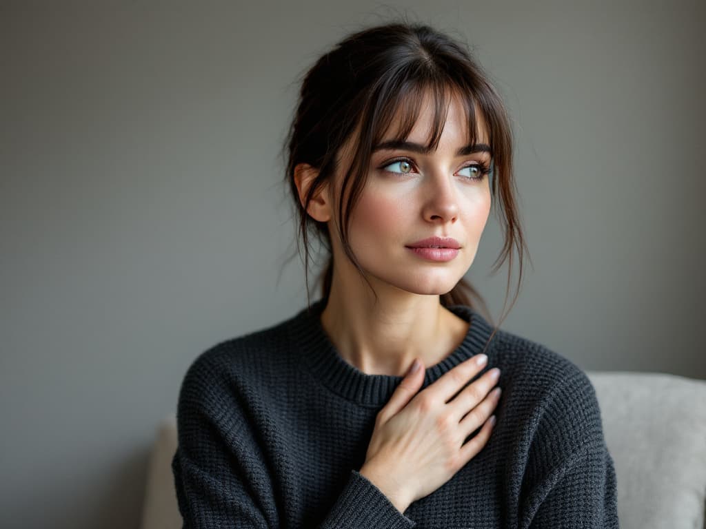 A woman around thirty with dark brown hair loosely tied back and wispy bangs, wearing a charcoal knit sweater, seated on a pale sofa against a plain grey wall in soft side light, one hand resting on her upper chest, looking thoughtfully off camera
