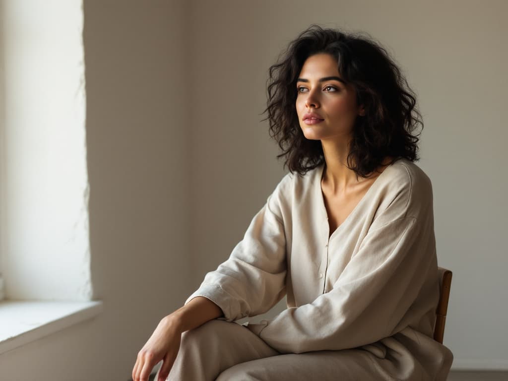 A woman around thirty with shoulder-length dark curly hair, wearing a loose oatmeal-colored long-sleeve linen shirt and matching trousers, seated on a wooden chair beside a bright window against a pale plaster wall, forearm resting across her knee, gazing thoughtfully toward the window light