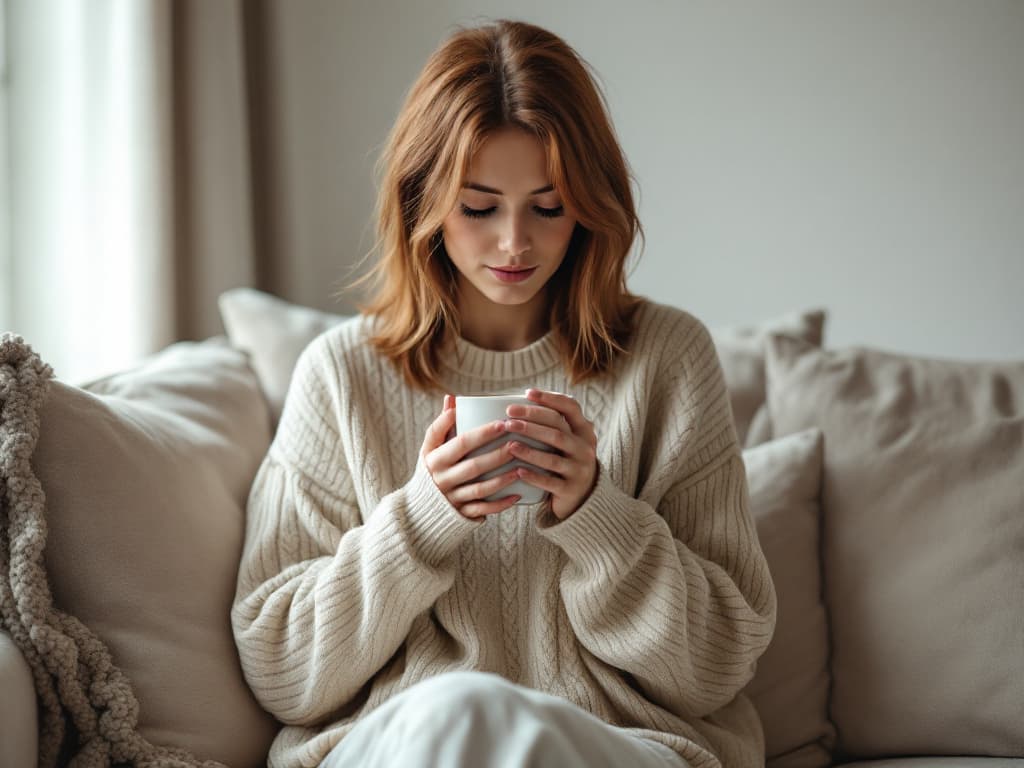 A woman in her twenties with shoulder-length auburn hair, wearing an oversized cream cable-knit sweater, seated on a pale sofa among linen cushions and a knitted throw, both hands wrapped around a white ceramic mug as she looks down at it