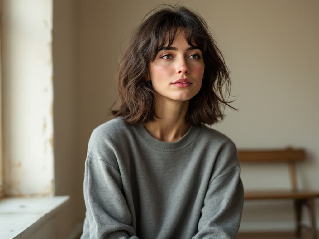 A woman in her twenties with a tousled dark brown bob and bangs and faintly pink cheeks, wearing a plain grey crewneck sweater, seated beside a window ledge in a bare room with warm plaster walls and a wooden bench behind her, gazing toward the soft side light