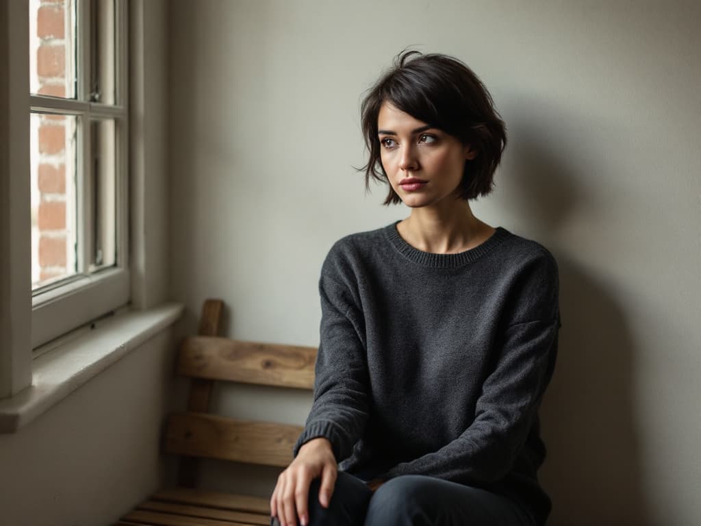 A woman in her late twenties with a short, tousled dark bob, wearing a charcoal crew-neck knit sweater, seated on a wooden bench beside a bare pale wall and a window with brick visible outside, one hand resting on her knee, looking toward the window