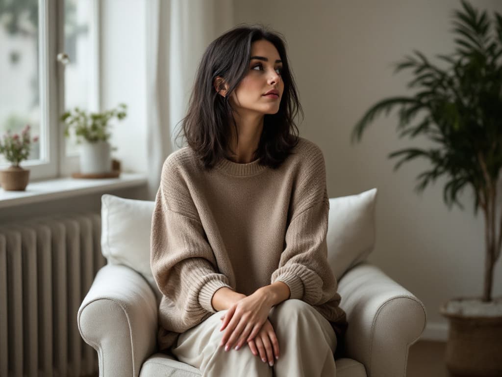 A woman around thirty with shoulder-length dark hair, wearing an oversized taupe knit sweater and cream trousers, seated on a white armchair beside a window with potted plants and a radiator, hands folded over her knee, gazing toward the light