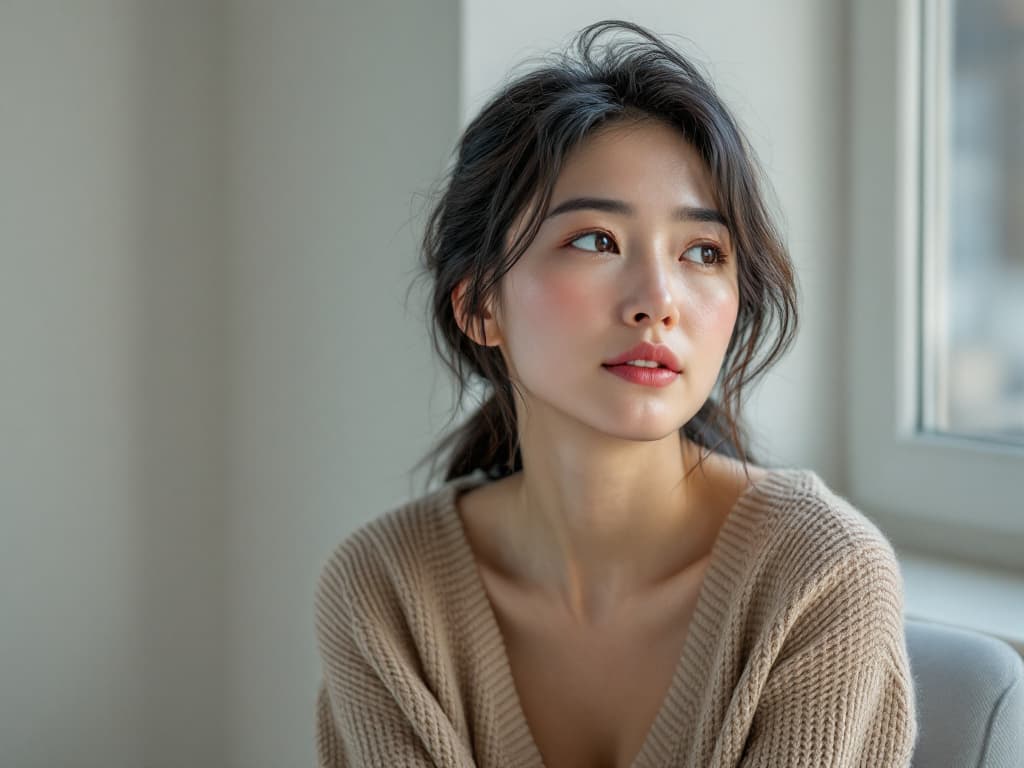 A woman in her twenties with dark hair loosely tied back and softly flushed cheeks, wearing an oatmeal knit V-neck sweater, seated beside a bright window in a bare pale room with a grey upholstered chair behind her, looking off toward the light