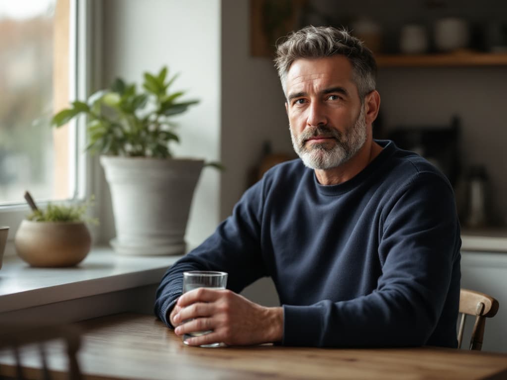 A man in his late forties with salt-and-pepper hair and a grey beard, wearing a navy crewneck sweater, seated at a wooden kitchen table by a window with potted plants on the sill, holding a glass of water and looking calmly at the camera