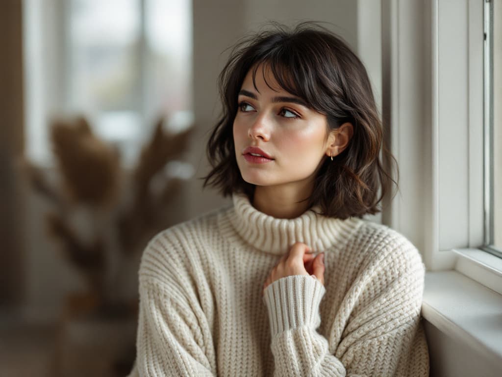 A woman in her mid twenties with a wavy dark chin-length bob and soft bangs, wearing a chunky cream turtleneck sweater, seated beside a bright window with one hand resting at her collar, gazing out of frame, with dried pampas grass blurred in the background