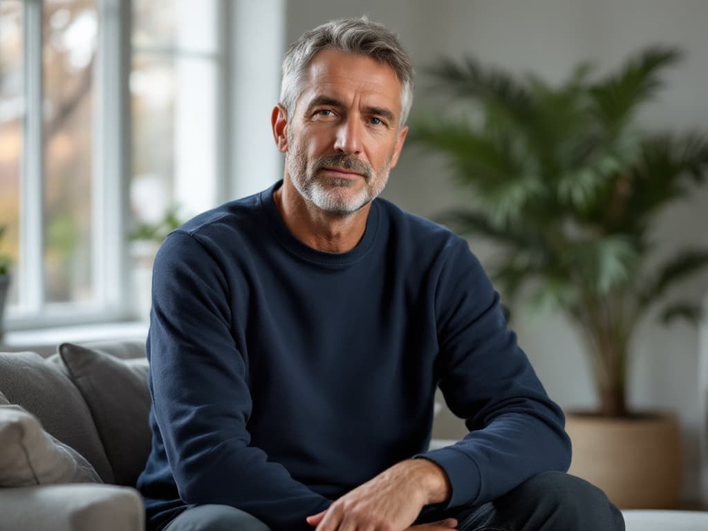 A man around fifty with short grey hair and a grey beard, wearing a navy crewneck sweater, seated on a light grey sofa in a bright living room beside a window and a large potted palm, looking calmly at the camera
