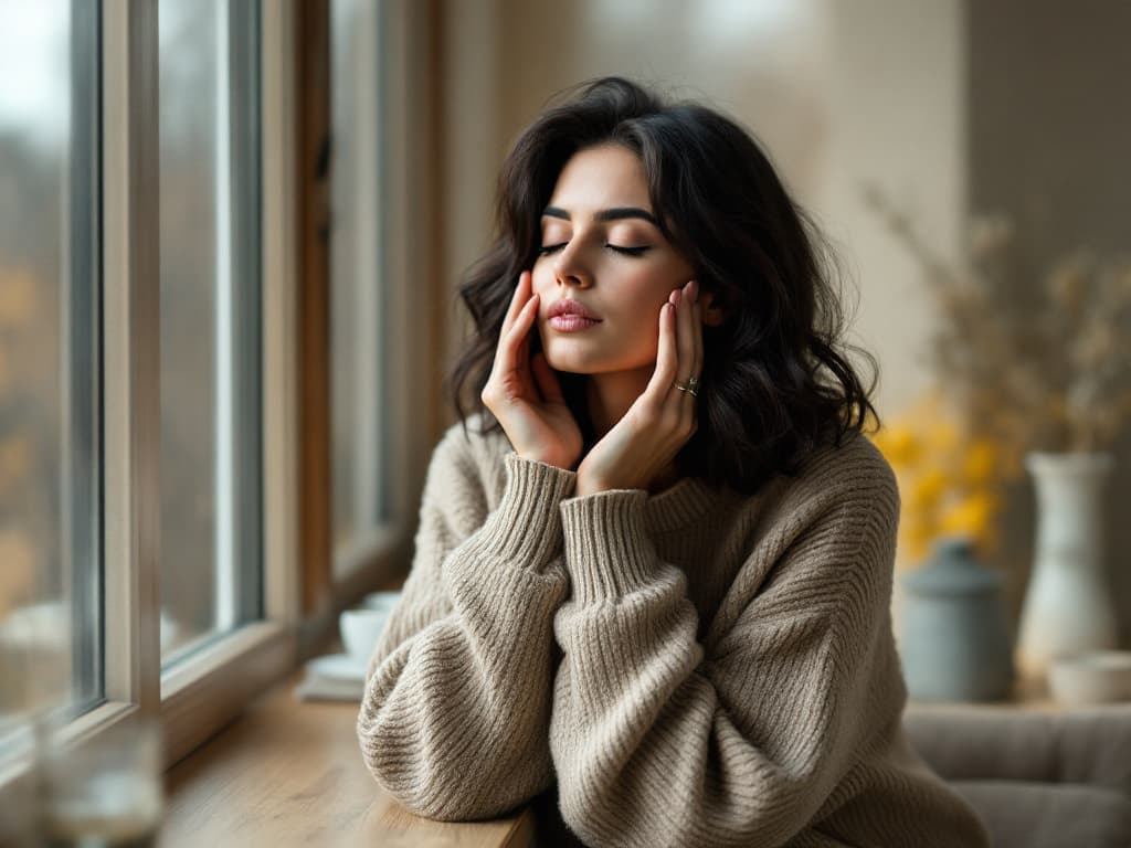 A woman around thirty with dark wavy shoulder-length hair, wearing an oatmeal knit sweater, seated at a window ledge on a gray autumn morning with her eyes closed, fingertips resting along her cheekbones beside her nose
