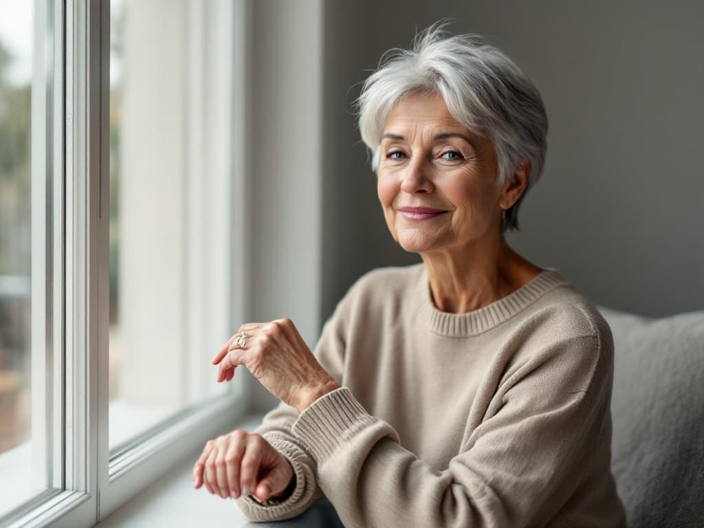 A woman around sixty with short silver hair, wearing an oatmeal knit sweater, seated beside a tall bright window with a grey cushion behind her, one hand resting lightly on her wrist, smiling softly at the camera