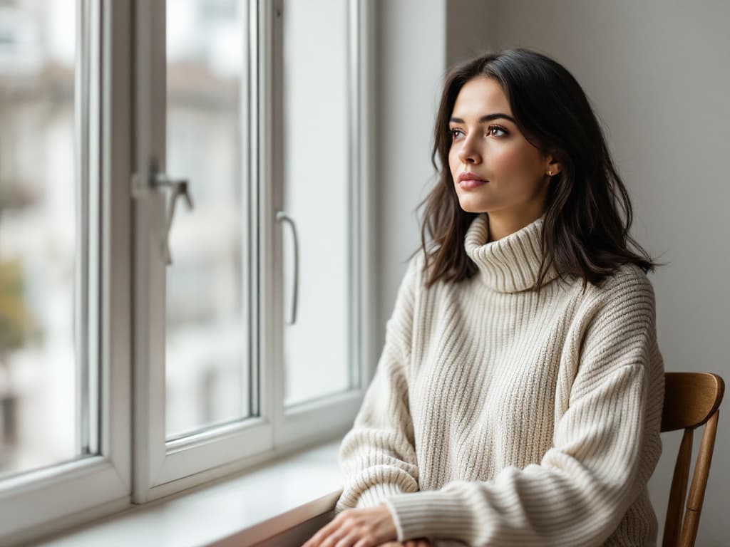 Editorial portrait of a woman in her late twenties with shoulder-length dark hair, wearing an oversized cream ribbed turtleneck sweater, seated on a wooden chair beside a tall window in a pale room, looking out in soft daylight