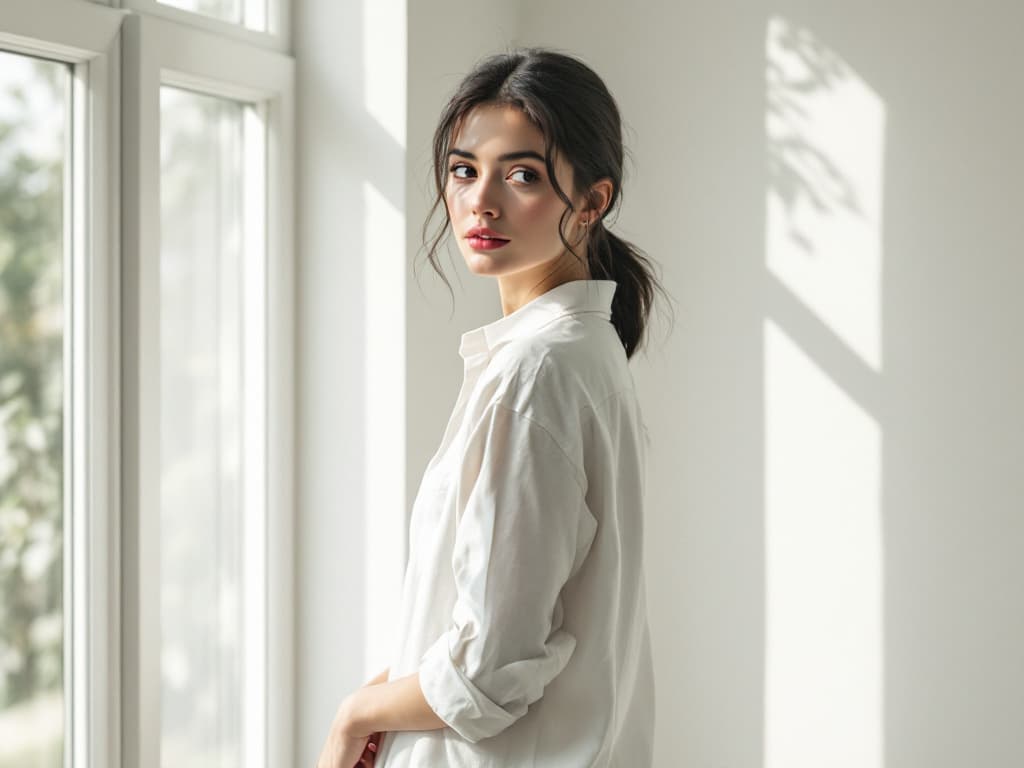 Editorial portrait of a woman in her mid twenties with a loose dark ponytail, wearing an oversized white linen shirt with rolled sleeves, standing beside a tall window in a pale sunlit room and glancing back over her shoulder, with soft leaf shadows on the wall behind her