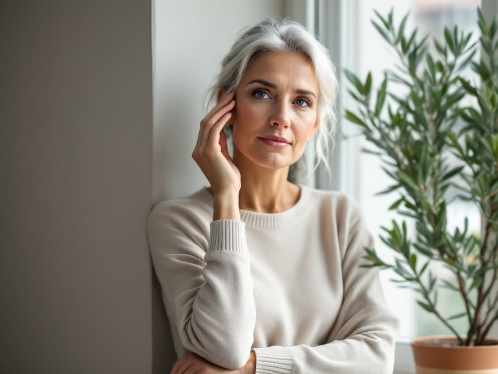 A woman around fifty with silver hair pulled back loosely, wearing a cream knit sweater, leaning against a wall beside a bright window and a potted olive tree, her fingertips resting at her temple near her hairline