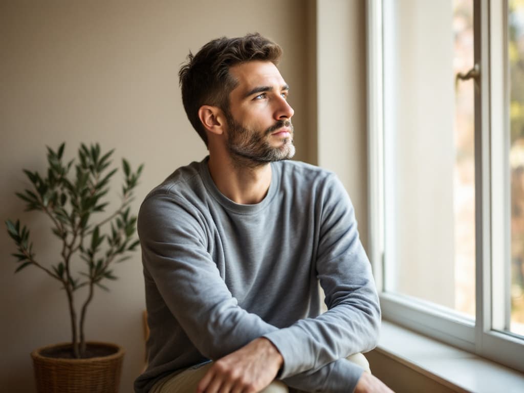 A man in his mid thirties with short dark hair and a trimmed beard, wearing a gray long-sleeve crew-neck top, sitting with his forearms on his knees beside a bright window and a small olive tree in a woven basket, looking thoughtfully out the window
