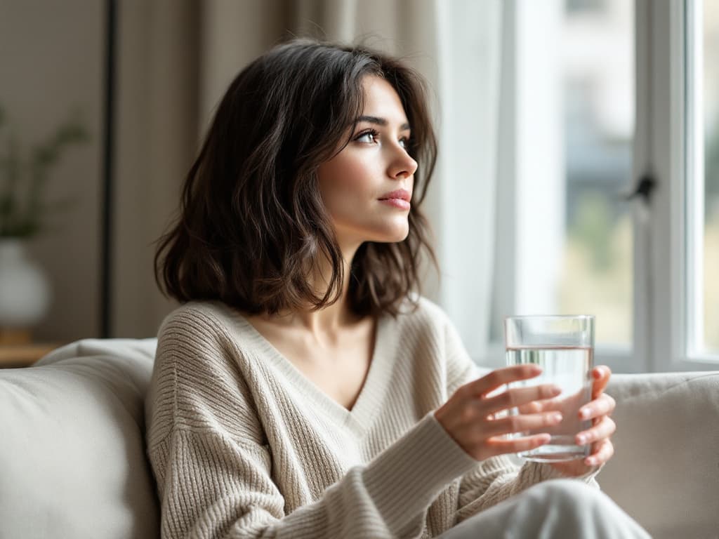 A woman around thirty with shoulder-length wavy dark hair, wearing an oatmeal knit V-neck sweater, seated on a cream sofa beside a tall bright window, holding a clear glass of water in both hands and gazing toward the light