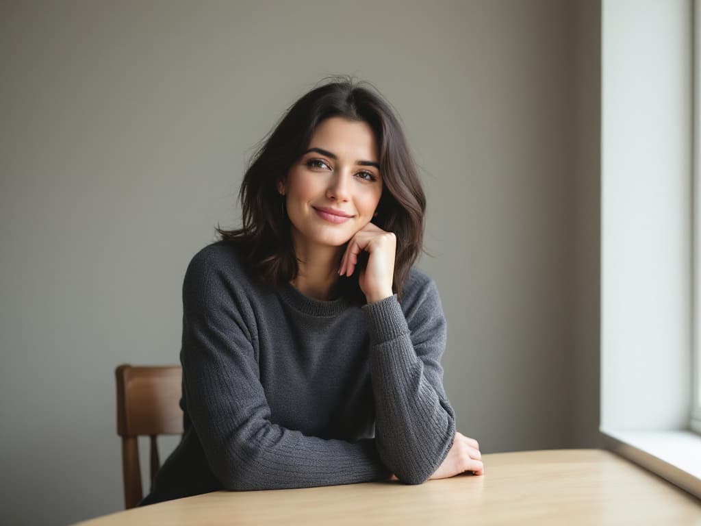A woman around thirty with dark shoulder-length hair, wearing a charcoal ribbed crew-neck sweater, seated at a pale wooden table beside a bright window with her chin resting on one hand and a gentle closed-mouth smile