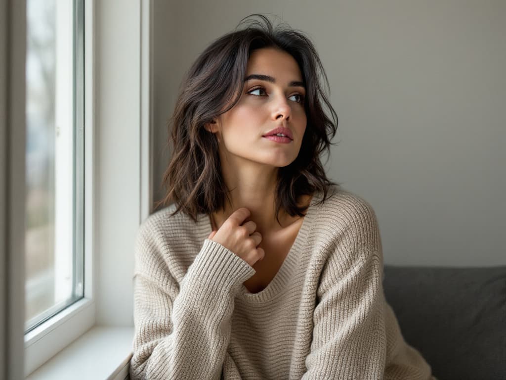 A woman around thirty with tousled shoulder-length dark hair, wearing a loose oatmeal V-neck knit sweater, seated on a gray sofa beside a bright window with one hand resting at her collarbone, gazing thoughtfully toward the light