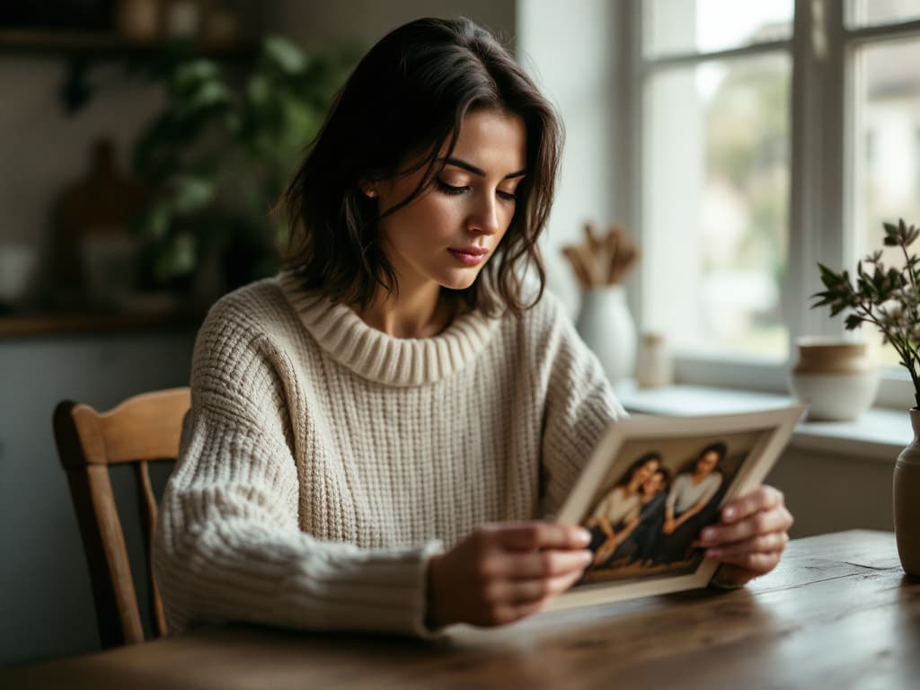 A woman around thirty with dark shoulder-length hair, wearing a cream cable-knit sweater, seated at a wooden table beside a window and looking down at an old family photograph held in both hands