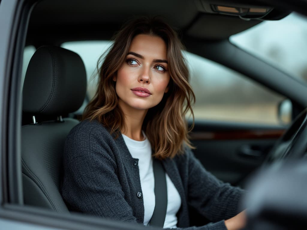 A woman around thirty with shoulder-length brown hair, wearing a charcoal cardigan over a white t-shirt, seated in the driver's seat of a car with her seat belt fastened across her chest, one hand on the wheel, glancing thoughtfully toward the side window