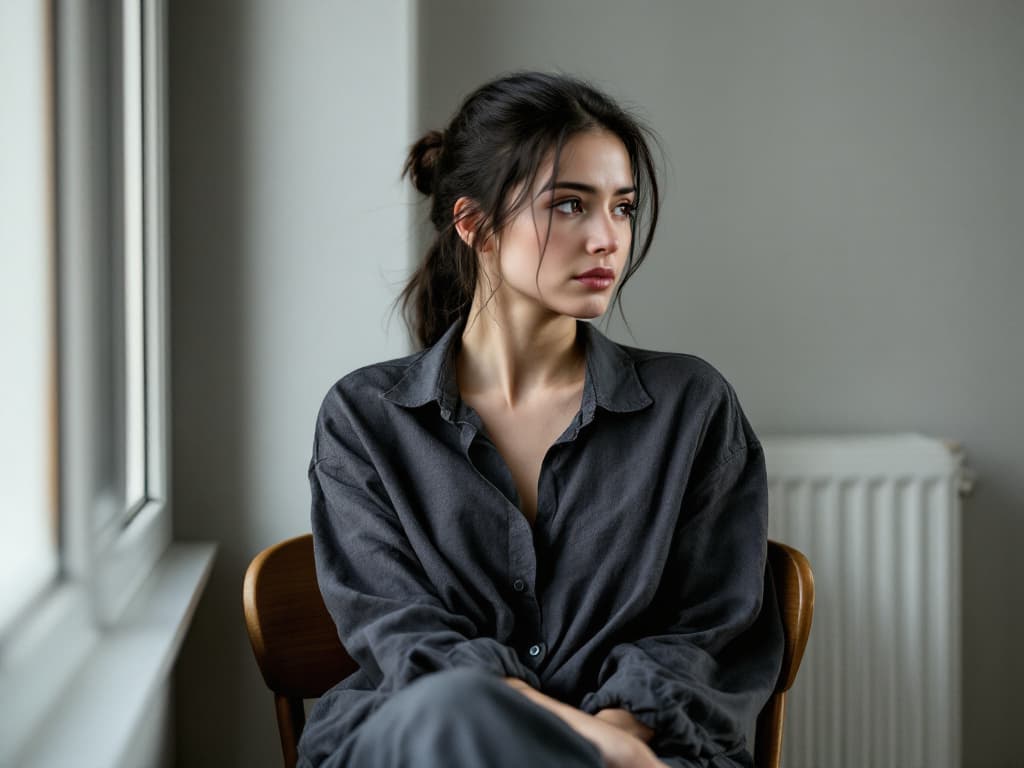 A woman around thirty with dark hair pulled back loosely, wearing an oversized charcoal linen shirt, sitting on a wooden chair beside a tall window with her hands folded in her lap, looking toward the light with a tired, thoughtful expression after a gigantomastia diagnosis