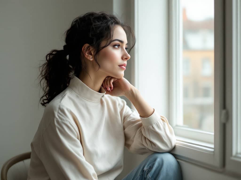 A woman around thirty with dark curly hair in a loose ponytail, wearing a cream high-collared top and jeans, resting her chin on her hand beside a tall window and looking out in soft daylight