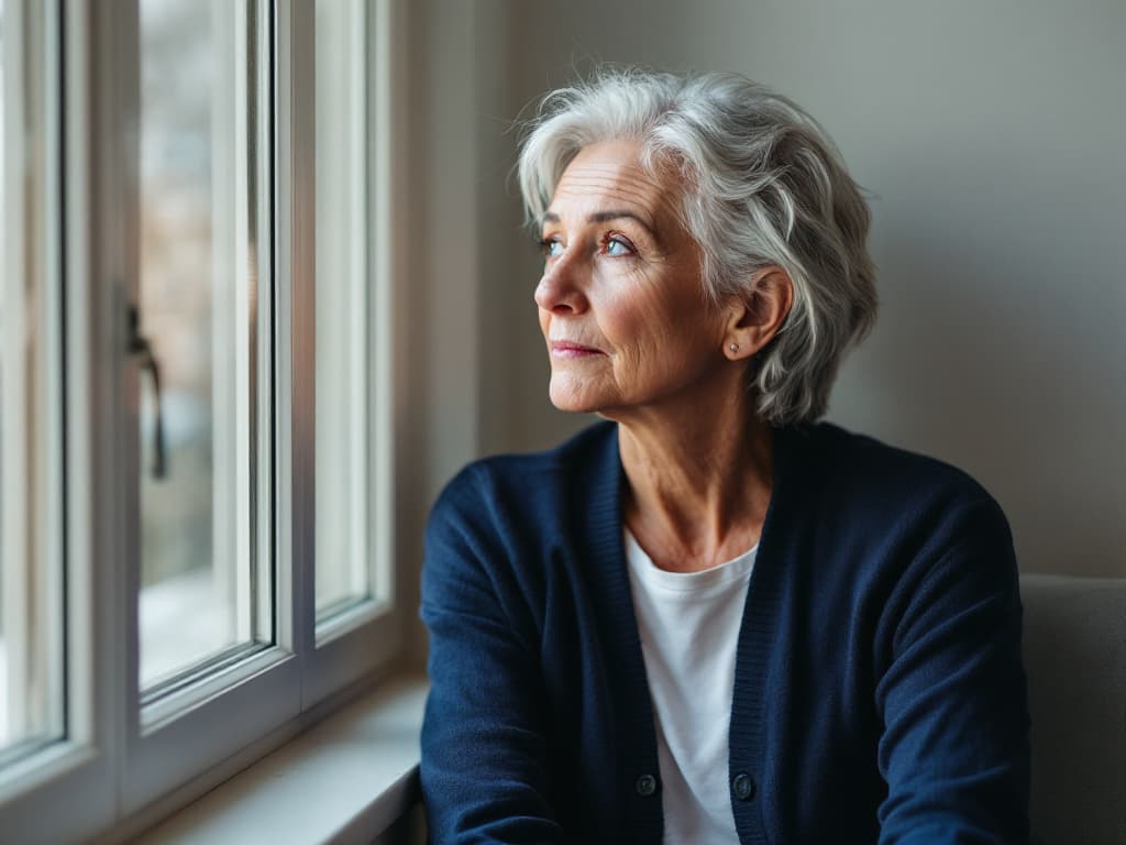 A silver-haired woman in her sixties wearing a navy cardigan over a white top, seated beside a tall window and looking out in soft daylight, showing the age group most affected by entropion and ectropion