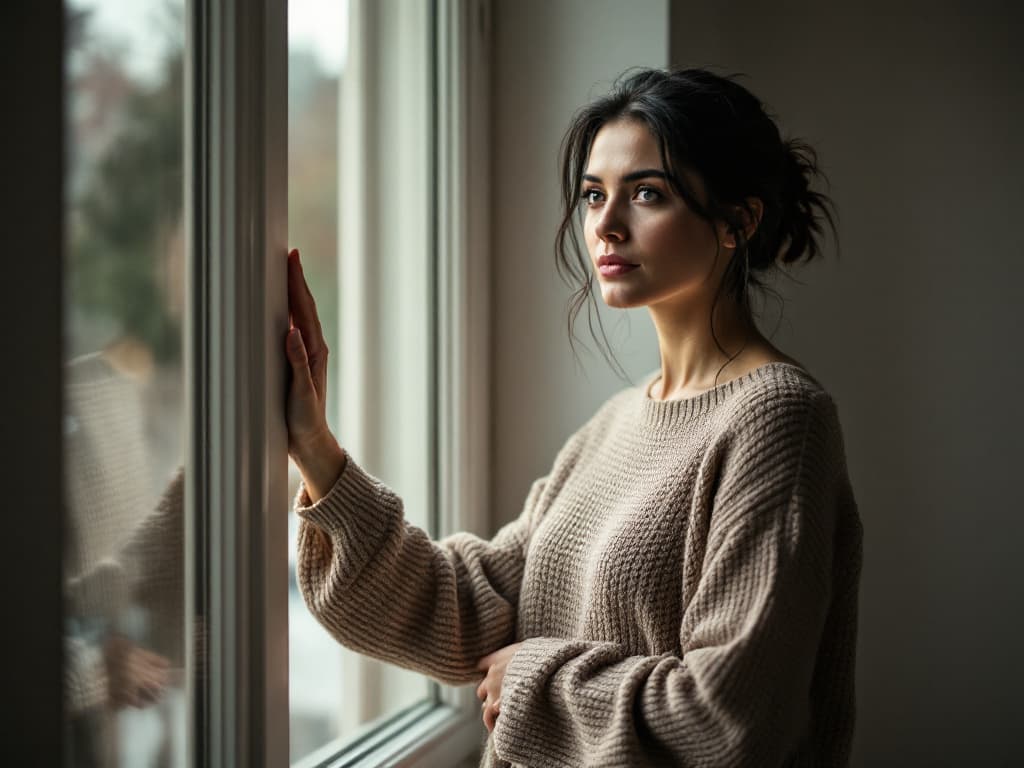 A woman in her thirties with dark hair loosely pinned up, wearing an oatmeal knit sweater, standing at a tall window with one raised hand resting against the frame and the other at her waist, gazing outside in soft daylight